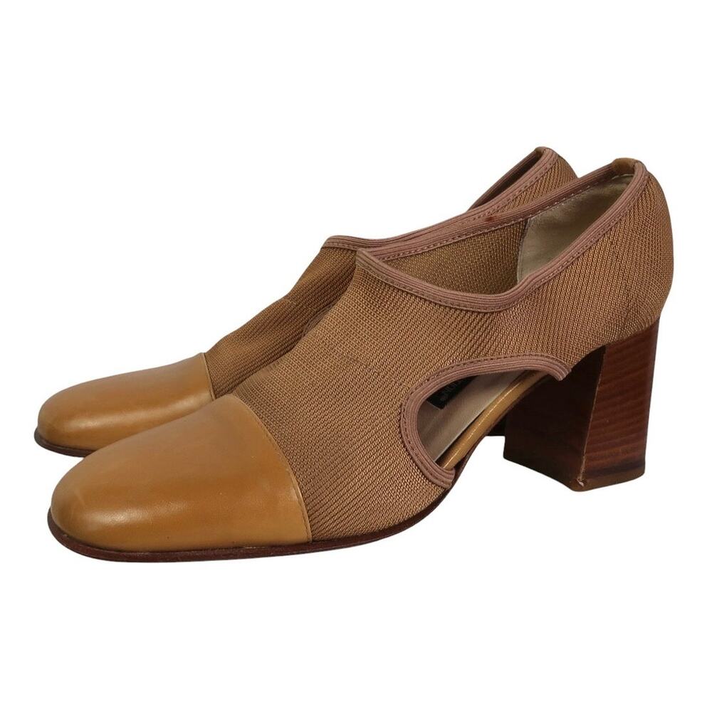 Vintage 90s Larry Stuart Tan Leather and Fabric Cut-Out Heels 7.5